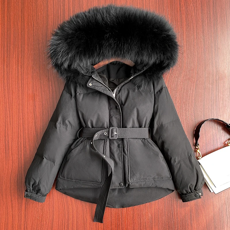 Fitaylor Winter Large Natural Real Fur Collar Hooded Feather Jacket Women Slim Warm Down Coat Thickening Short Outwear with Belt | Женская