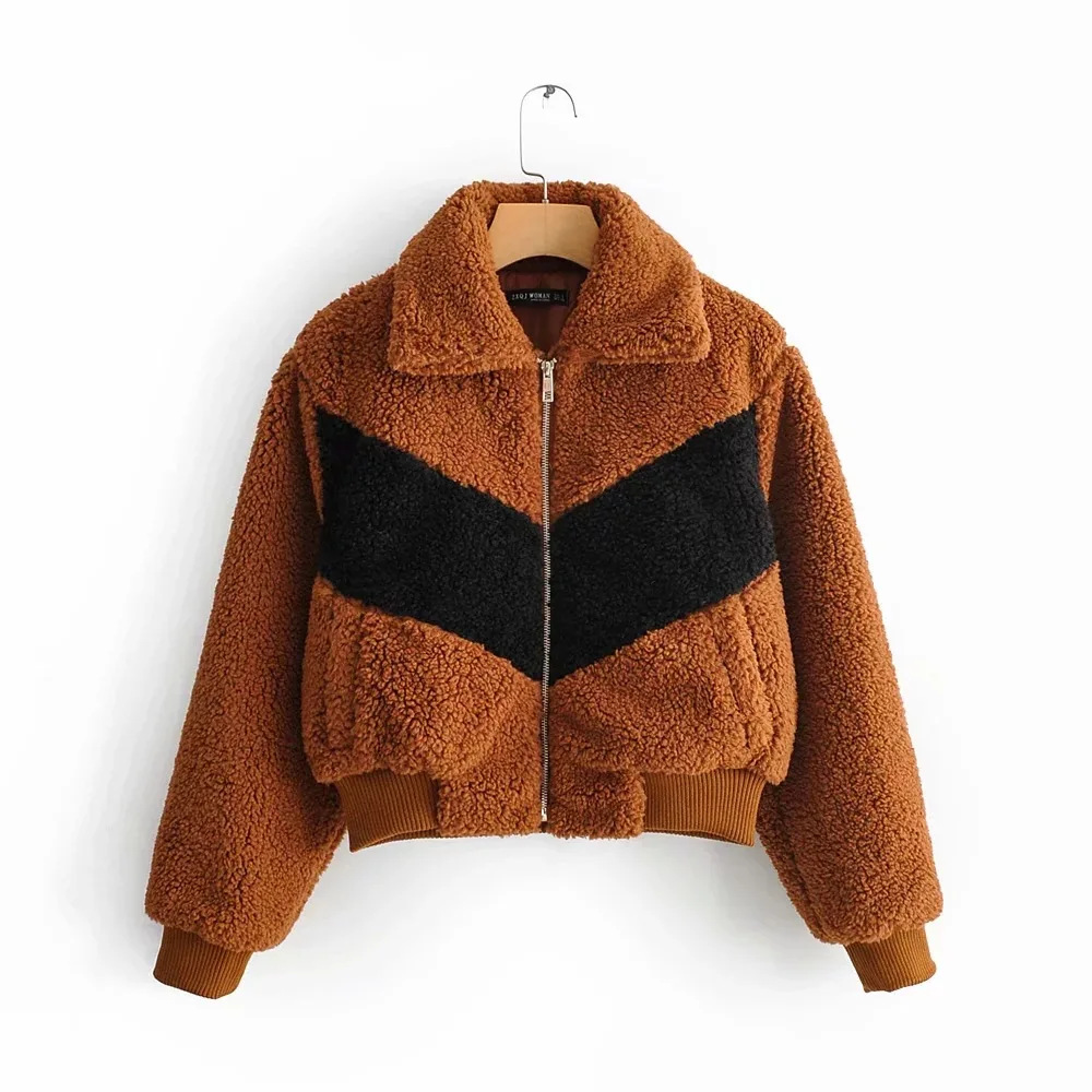 

Jane Deiune New Autumn Winter Women Patchwork Lamb Wool Jacket Lady Warm Turn Down Collar Zipper Thicken Coat Casual Outwear