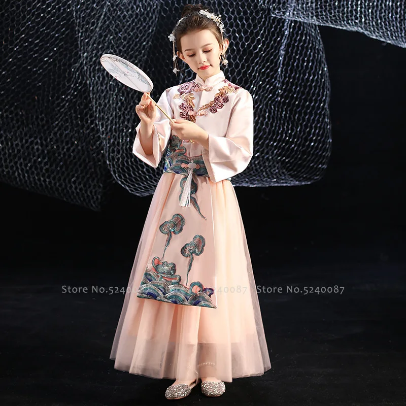 

Children Girl Chinese Traditional Hanfu Tang Suit Guzheng Cosplay Costume Kids Embroidery Cheongsam Qipao Princess Evening Dress