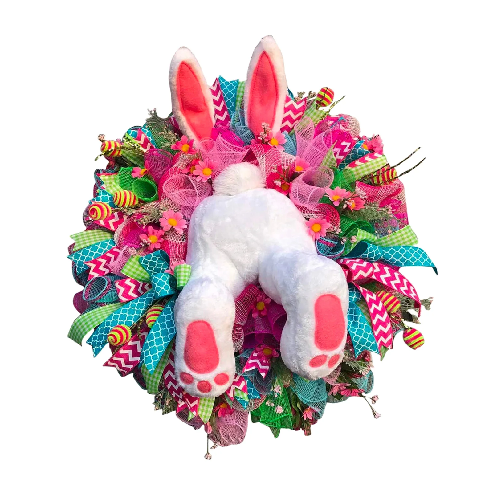 

40cm/16'' Easter Bunny Wreath, Plush Rabbit Spring Front Door Decoration, Floral Garland Bunny Butt Ears Home Wall Decorations