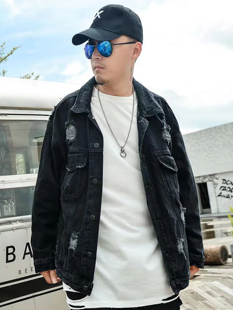 Харадзюку ручная печать Hole Chaqueta Hombre уличная джинсовая куртка мужская с отворотом