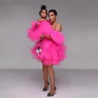 Новинка; Розовое мини-платье из фатина для мамы и дочки; Пышное Сетчатое вечернее платье для мамы и дочки; Пышные рукава