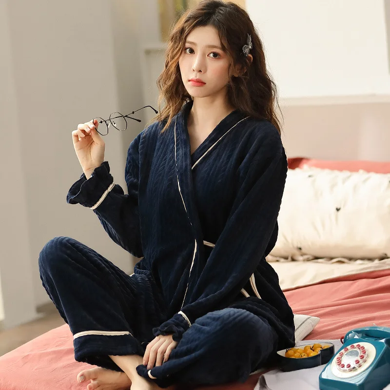 Flannel Pajamas Women Autumn and Winter Kimono Twist Coral Fleece Winter Simple Plus Size Pajama Set Women Loungewear