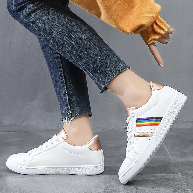 

2021 Women Sneaker Lace Up Rainbow Color Woman's Flats Shoes Soft Bottom Hollow Out Ladies Vulcanized Breathable Female Footwear