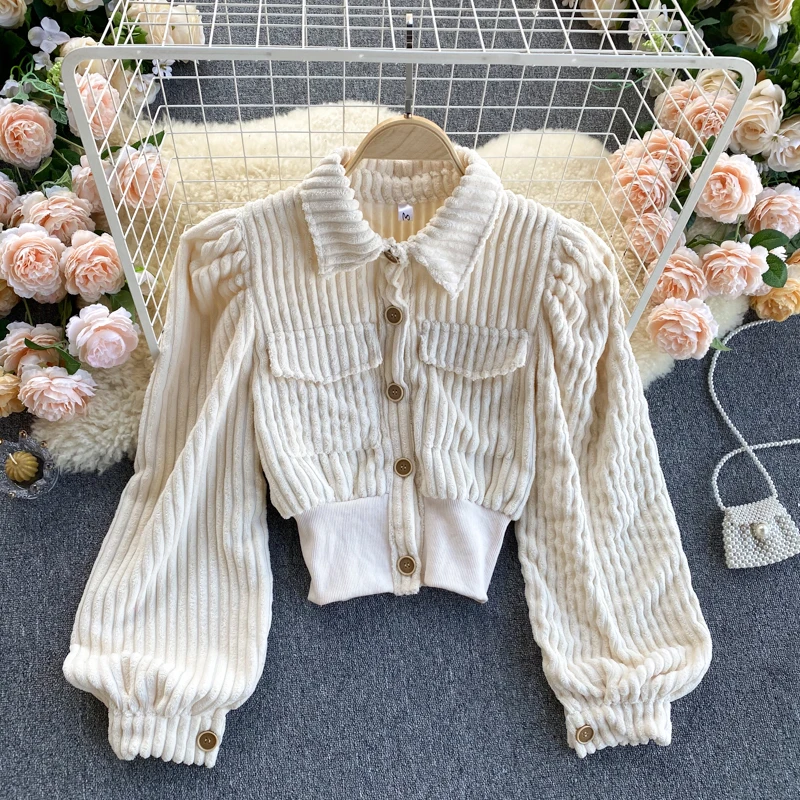 

Plush shirt women's design sense minority elastic waist slim slim slim short bubble sleeve top women's spring wear