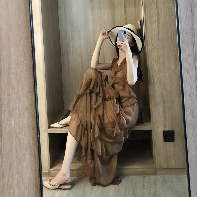 

Fairy Chiffon Dress Women 2021 New Summer Holiday Beach Dress Femme Temperamental V-neck Loose Ruffled Cake Plus Size Maxi Dress