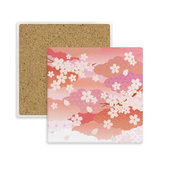 

Cherry Blossoms Clouds Pink Pattern Square Coaster Cup Mug Holder Absorbent Stone for Drinks 2pcs Gift