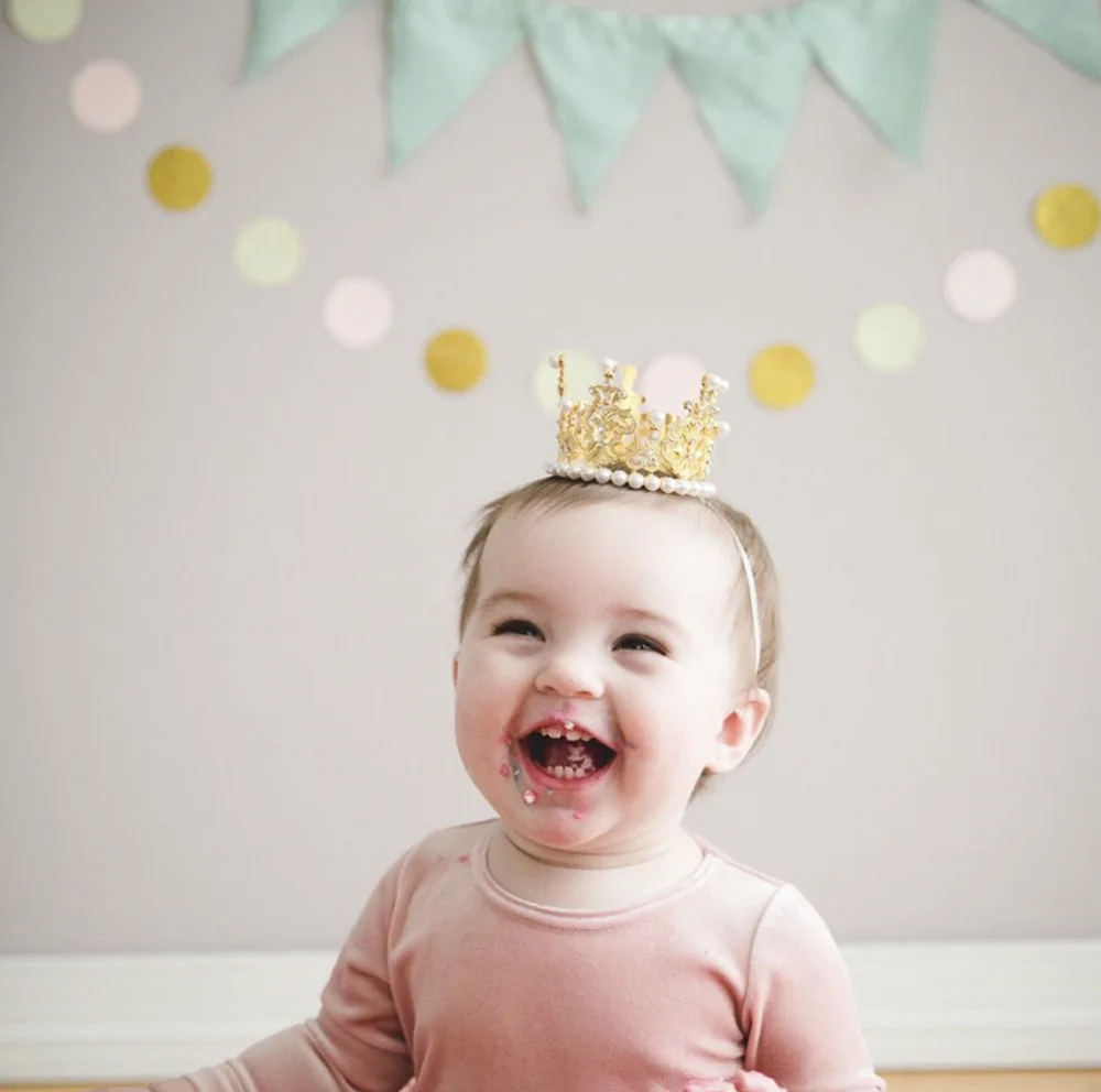 New children's alloy pearl crown golden ornament baby birthday hat elastic headdress Cute hair accessories | Мать и ребенок