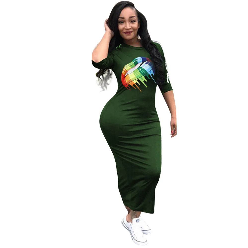 Повседневное Для женщин Bodycon платье летние модные разноцветные радужные губы офсетная печать обхват талии, обхват бедер, ужин платья для Для женщин vestidos mujer