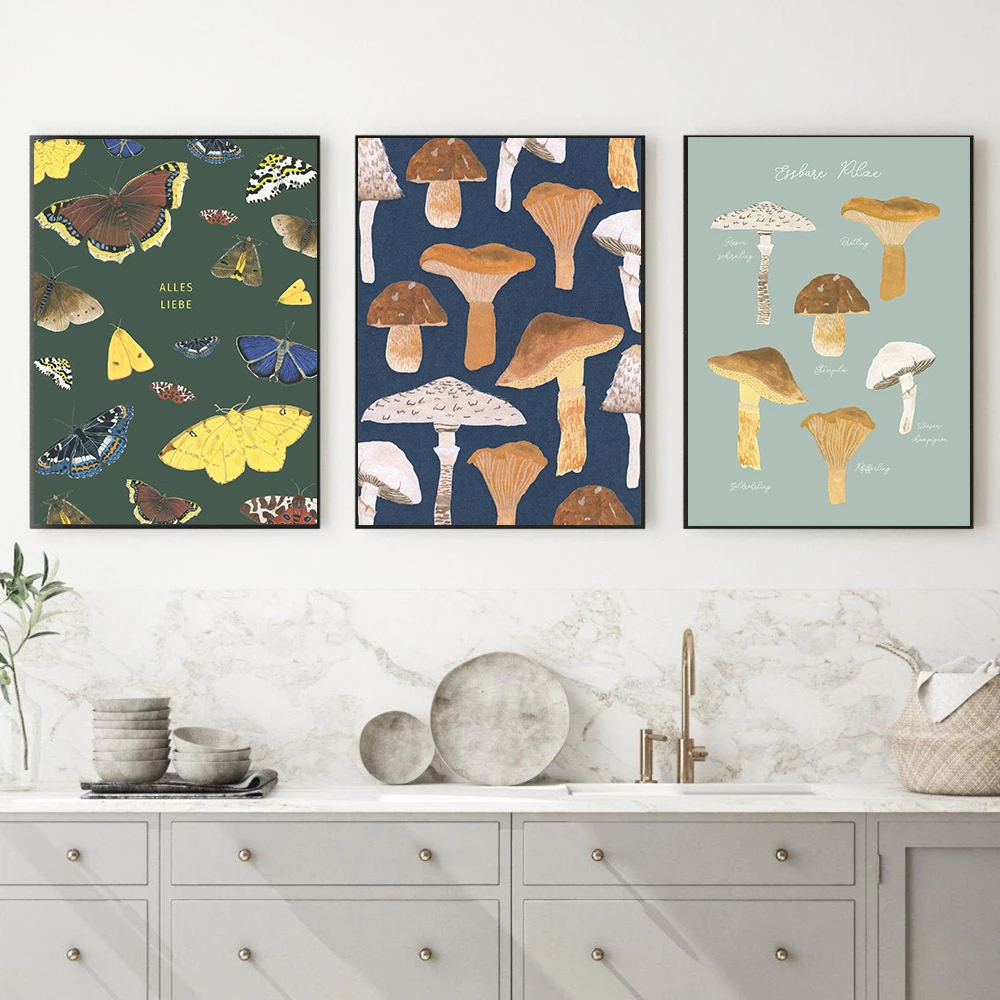 

Скандинавский винтажный ботанический гриб, настенное искусство, холст, живопись, плакаты и печать, фрески, Модульная картина для кухни, дома...