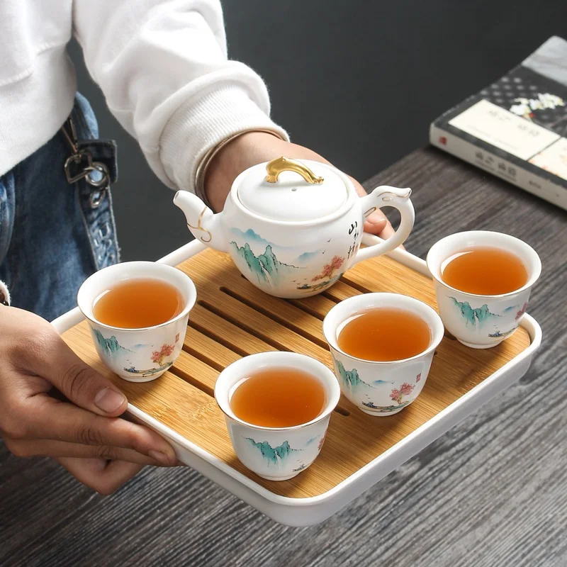 

Japanese Travel Tea Set Ceramic Kung Fu Black Tea Cup Porcelain Chinese Tea Set Tea Kettle Juego De Te Teaware With Tray EF60CJ