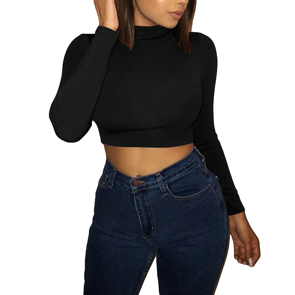 Одноцветный сексуальный укороченный женский свитер с круглым вырезом и пупком