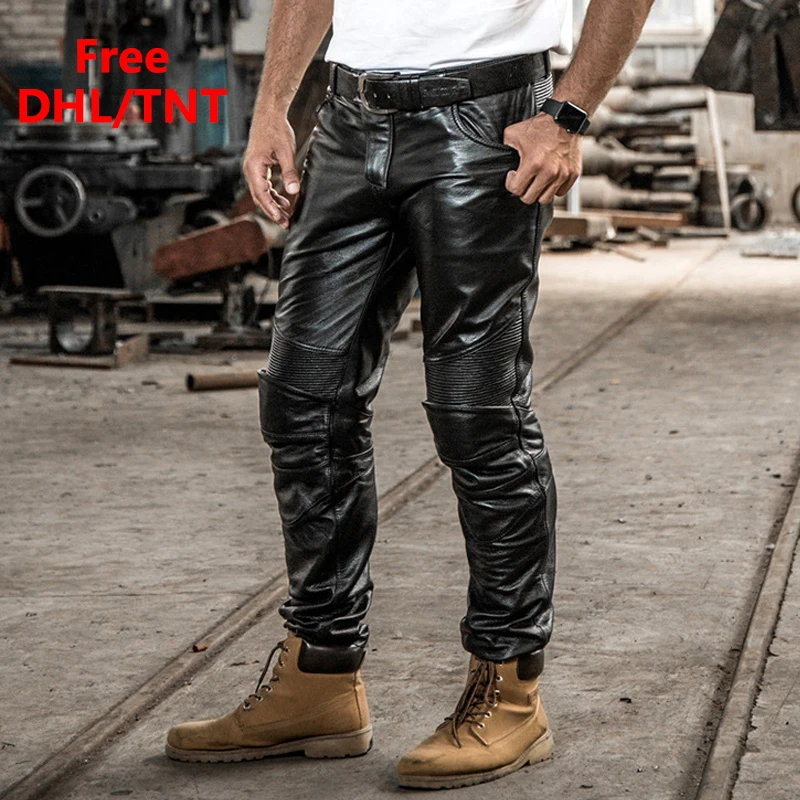 

Мужские мотоциклетные брюки из воловьей кожи, брендовые ветрозащитные узкие брюки из 100% натуральной кожи, уличные черные байкерские брюки ...