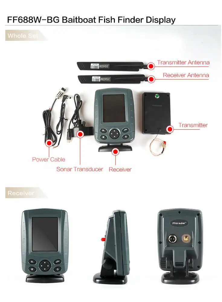 Phiradar FF688W-BG беспроводной 800 м гидролокатор рыболокатор Baitboat эхолот цветной ЖК-пульт дистанционного управления