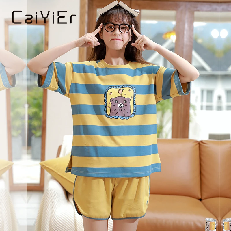 CAIYIER New Summer Short Sleeve Women Pajama Set Cute Cat Print Cartoon Home Clothes 2Pcs Sleepwear Female Shorts Loose Nighties