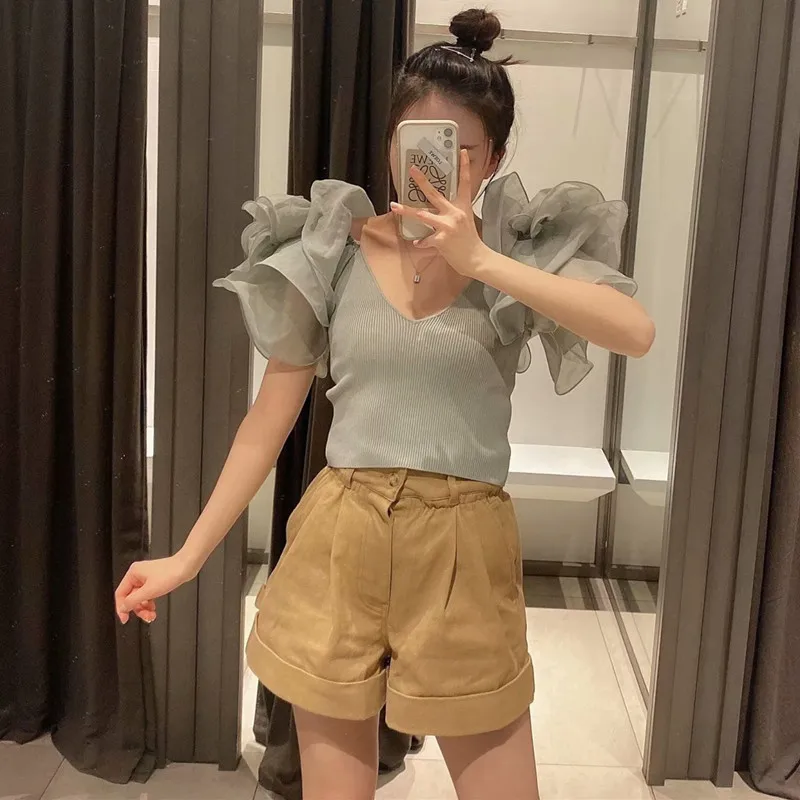 Женский ТРИКОТАЖНЫЙ УКОРОЧЕННЫЙ ТОП Za элегантная объемная короткая блузка из