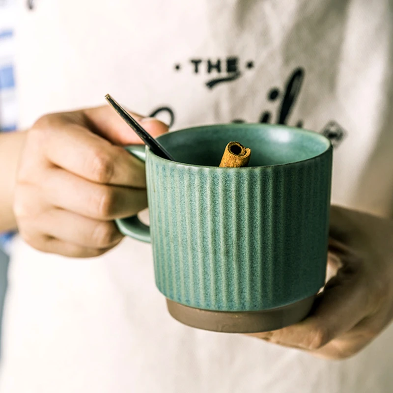 

3Pcs Ceramic Coffee Mugs Vintage Coffee Tea Cup Stripped Pattern Porcelain Mug with Handle Hotel Cafe Latte Mug Teacup Drinkware