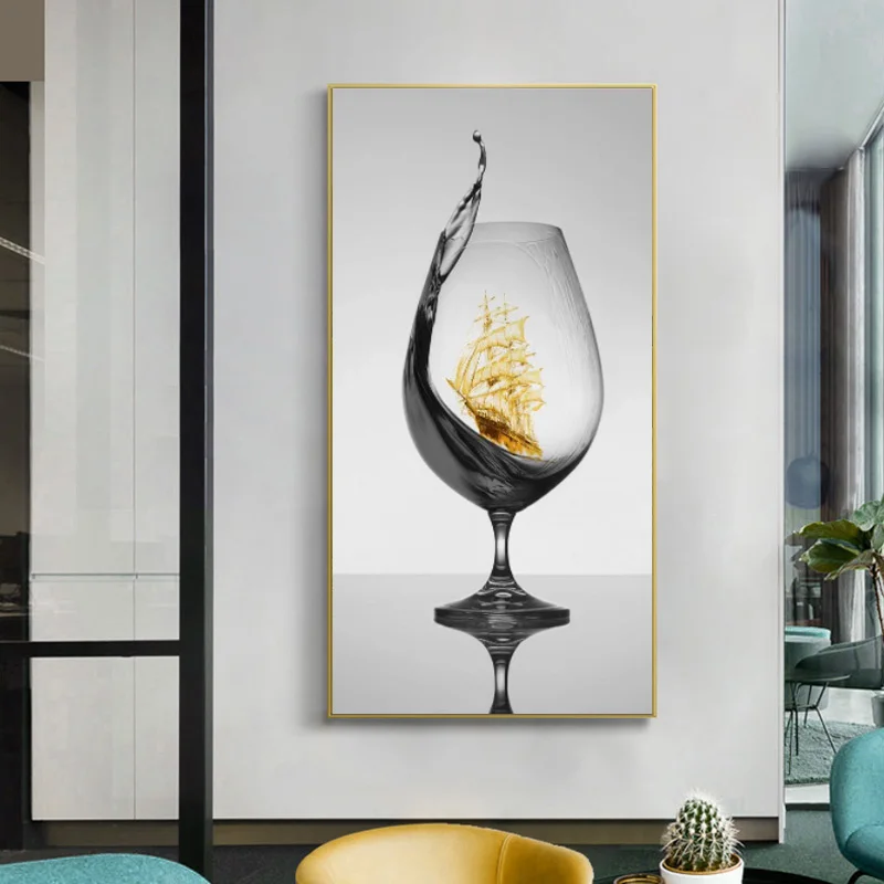 

Modern Romantic Wine Glass With Sailboat Abstract Canvas Art Wall Picture for Gallery Dining Room Bar Home Decor Poster Cuadros