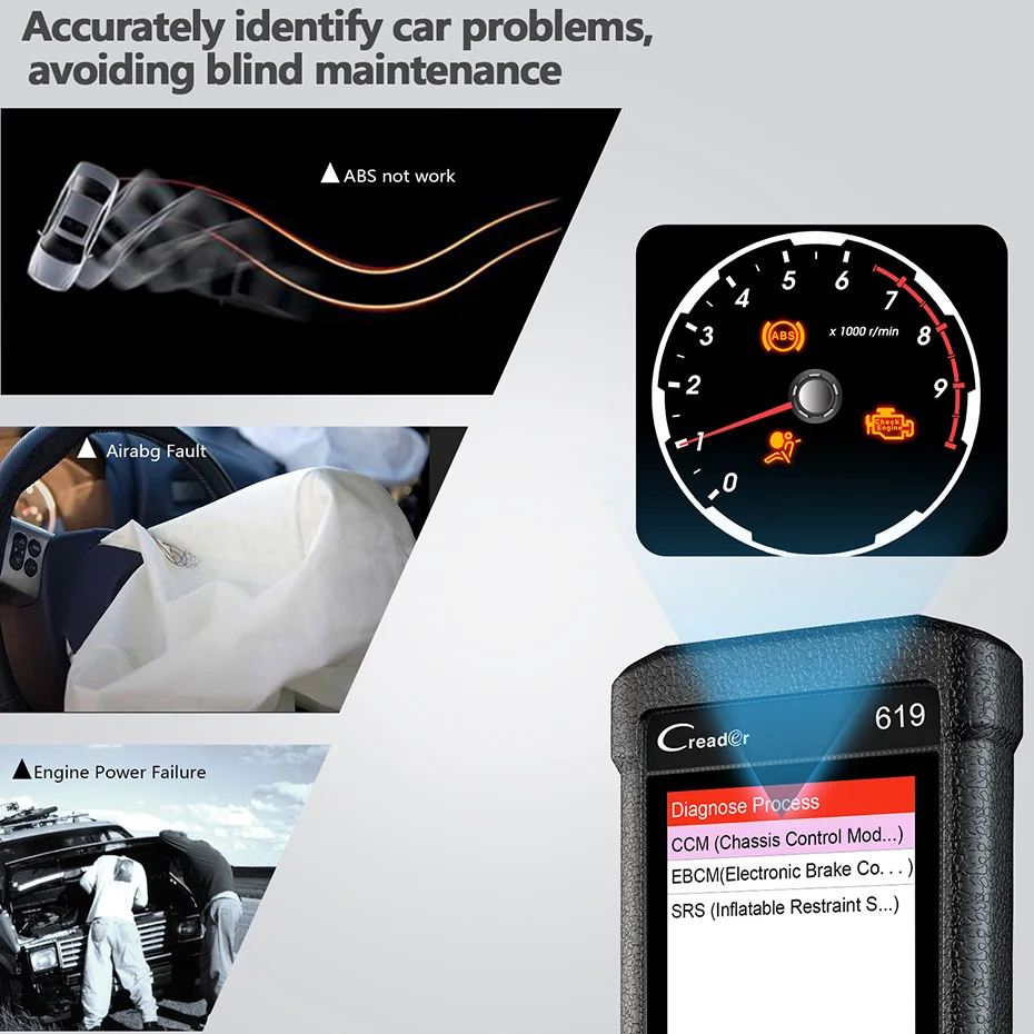 Launch CR619 OBD2 автомобильный сканер ABS SRS подушка безопасности считыватель кодов