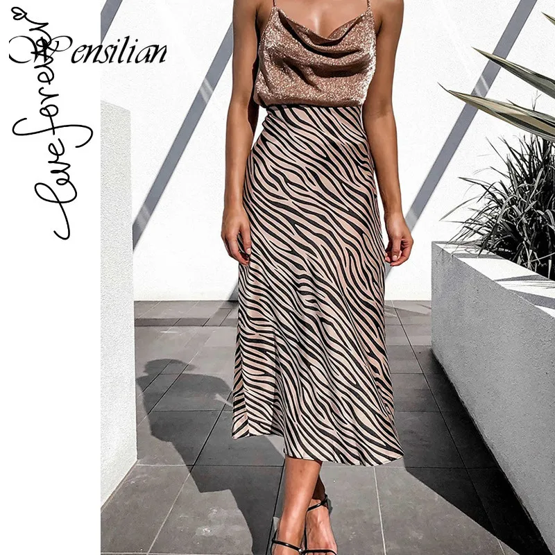 Полосатая Летняя женская юбка с высокой талией прямые юбки миди животным принтом