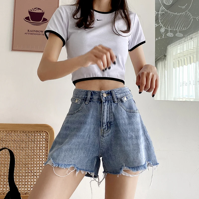 GUUZYUVIZ Blue Hot Pants Jeans High Waits Denim Short Feminino Hold Tassel Korean Summer 2020 Loose Plus Size | Женская одежда