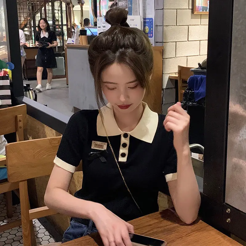 

Polo shirt summer 2021 ice silk knit short-sleeved t-shirt female ins Korean slim slimming sweater crop top