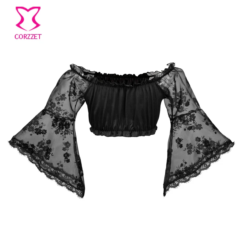 2020 Sexy Ladies Summer Lace Slim Crop Tops Flare Long Sleeve T-Shirt Casual Punk Organza Floral Wrapped Chest Short | Женская одежда