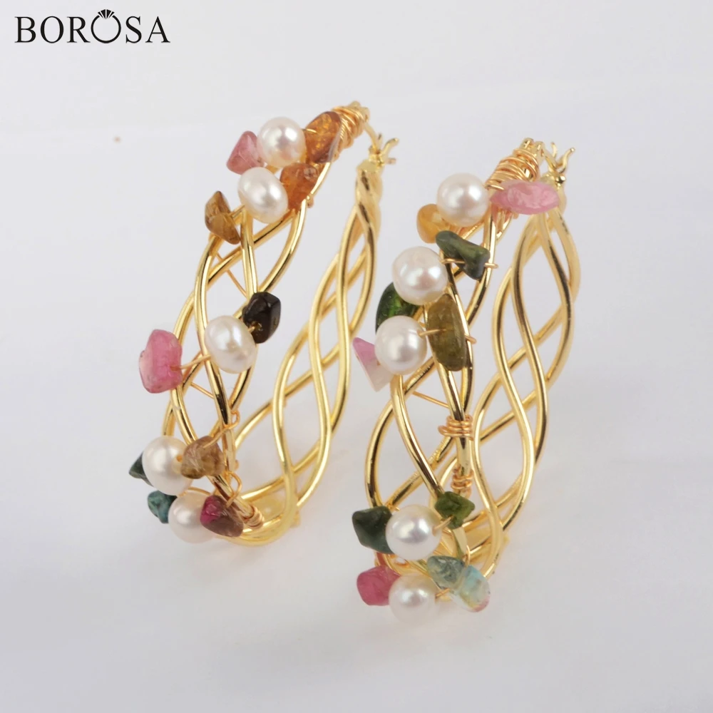 

BOROSA Pearl Beads Hoop Earrings Handmade Gold Wire Wrapped Pearl Drop Earrings Colorful Beads Earrings for Women Gifts WX1317