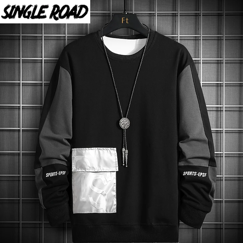Одиночная дорога Crewneck Толстовка мужская 2021 Лоскутная негабаритная Японская