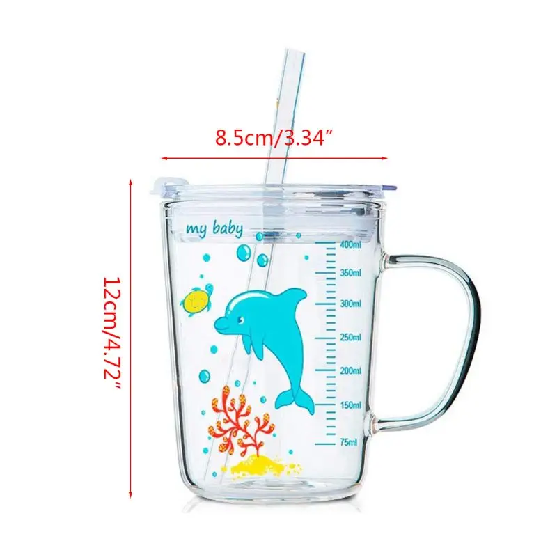 

1Set Children Cartoon Milk Cup with Straw Transparent Scale Glass Cup for Kids Q1FF