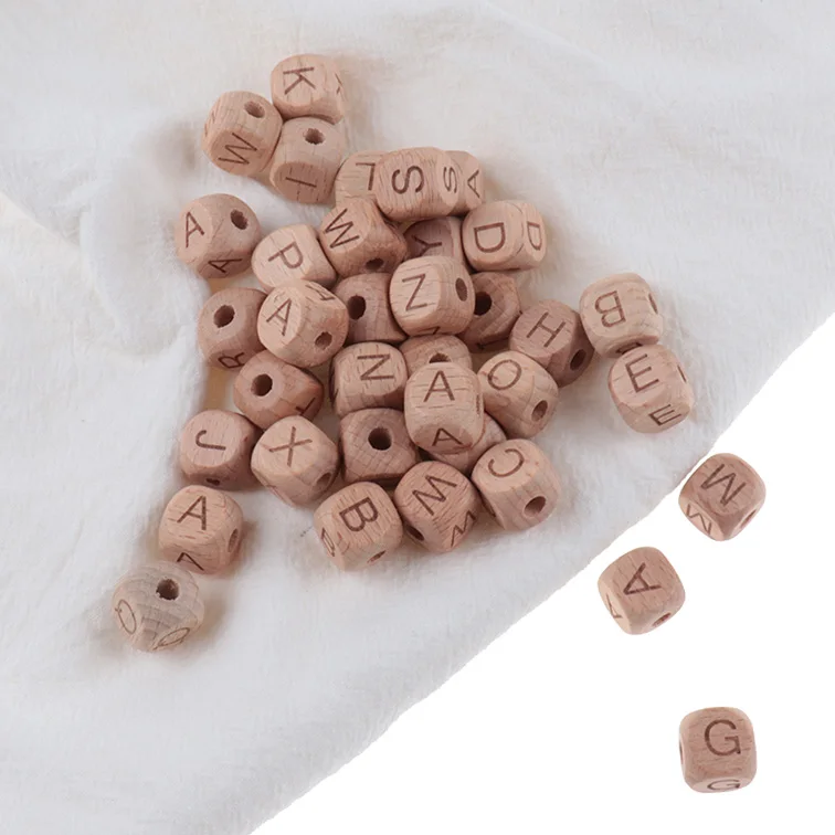 Cuentas de mordedores para beb&eacute;, abalorios de 12mm con letras de haya, cadena de chupete, juguetes de madera, regalos personalizados para reci&eacute;n nacidos, 100 piezas-4