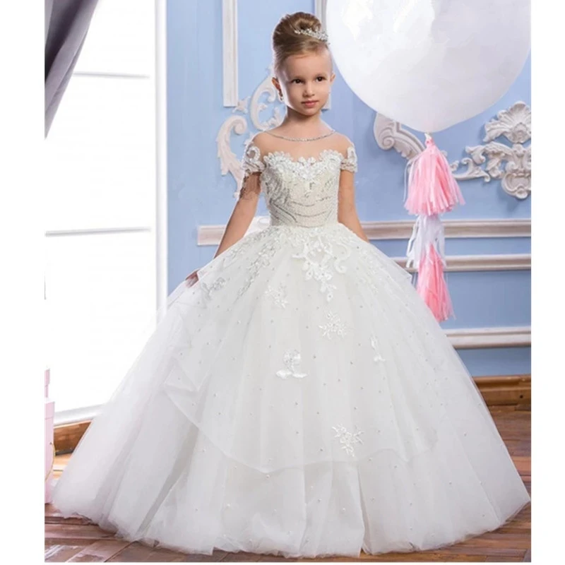 

Hot Grace Flower Girl Dresses Blue Pink Champagne Luxury Sleeveless Expansion Ruffles Flowers Little Girls Pageant Tulle Gowns