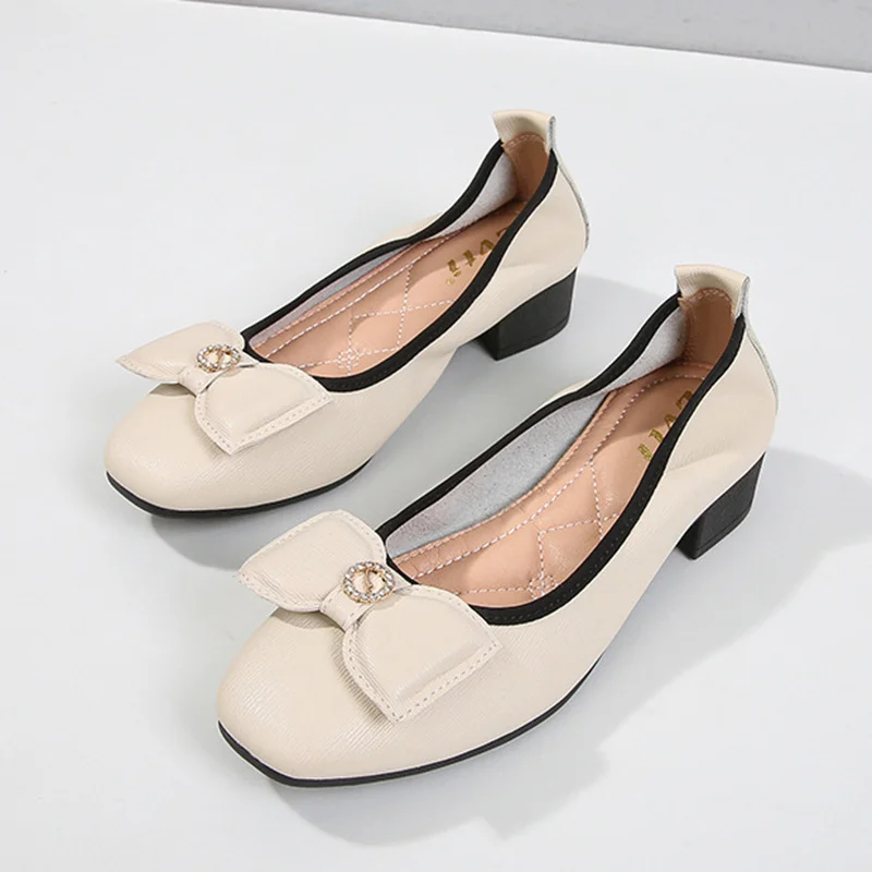 Hot Women Large Size 34-43 Bow-knot Flats Woman Thick Heels Loafers Shallow Soft Bottom Moccasins Square Toe Grandma Shoes