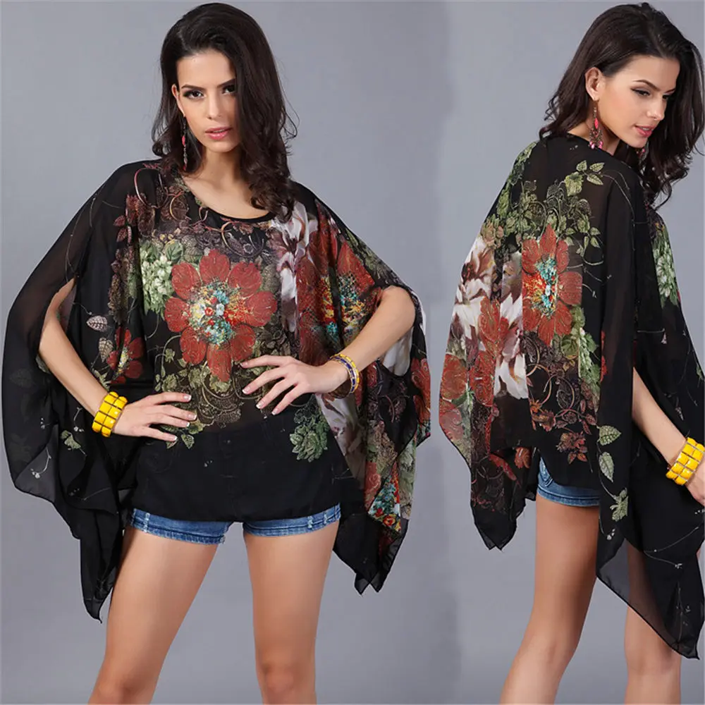 Женская шифоновая блузка с рукавом летучая мышь и цветочным принтом |