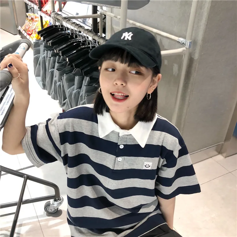 

Футболка женская оверсайз в стиле Харадзюку, хлопковая шикарная Свободная рубашка в полоску, с отложным воротником, с коротким рукавом, в ст...