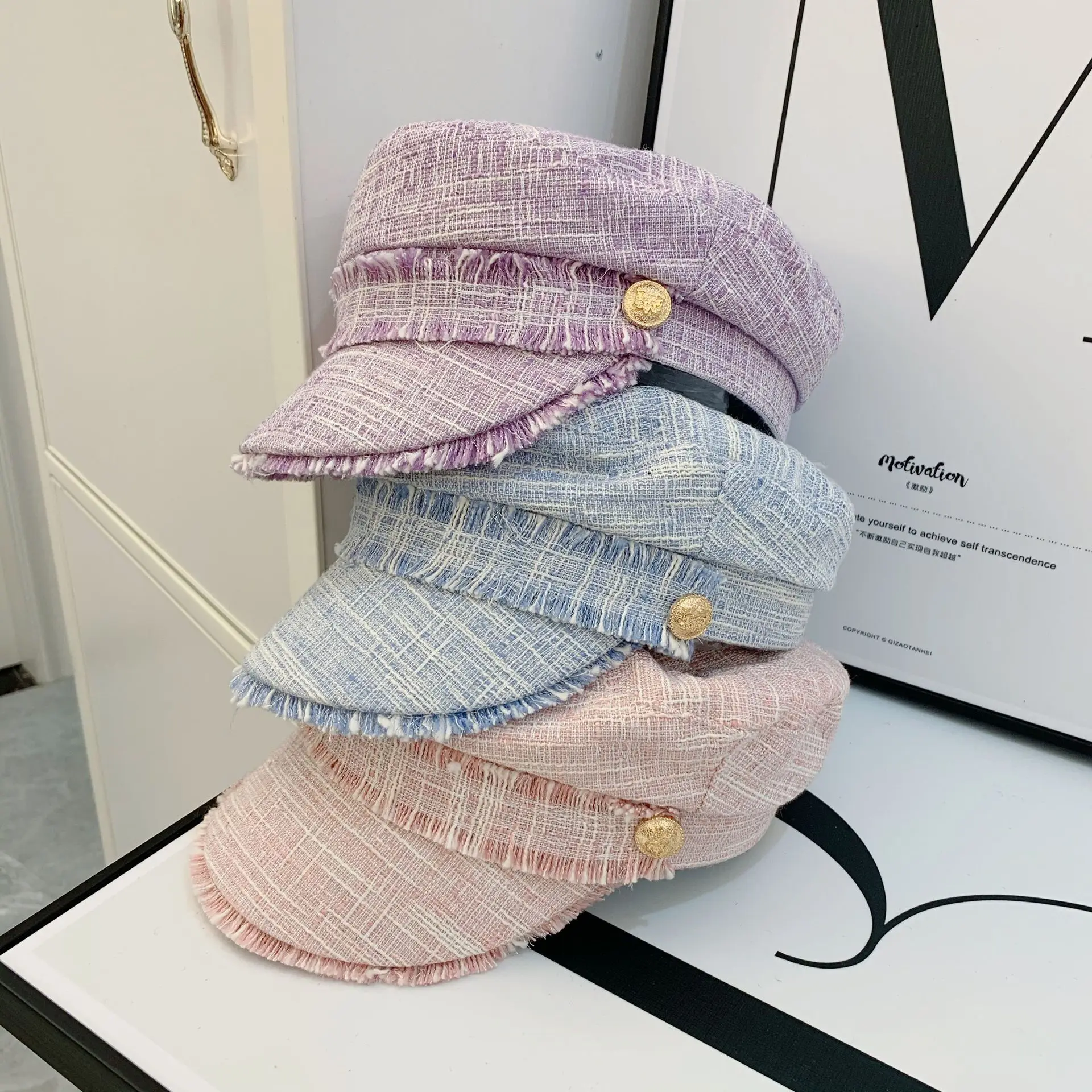 

202008-708552546 autumn Classic fabric tassels Metal buckle color plaid leisure lady Octagonal hat men women visors cap