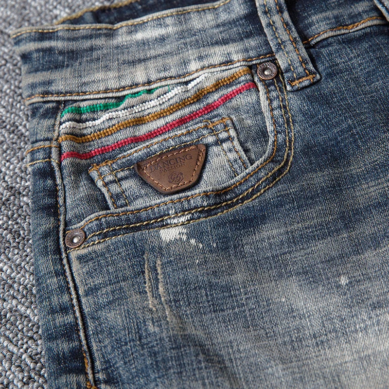 Newly Street Fashion Men Jeans Retro Blue Elastic Slim Ripped Jeans Men Distressed Vintage Designer Splashed Denim Plain Pants