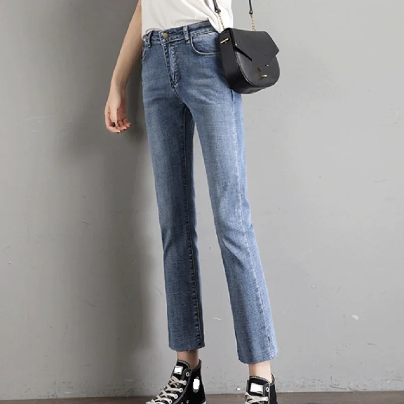 

autumn spring new fashion jeans women high waist thin versatile casual nine points chimney straight lady pants