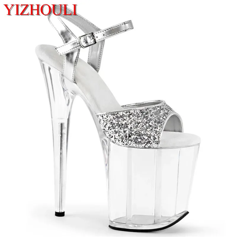 8 inch, summer sandals, sandal glitter vamp, crystal soles for parties and nightclubs, 20 cm high heel models, dancing shoes