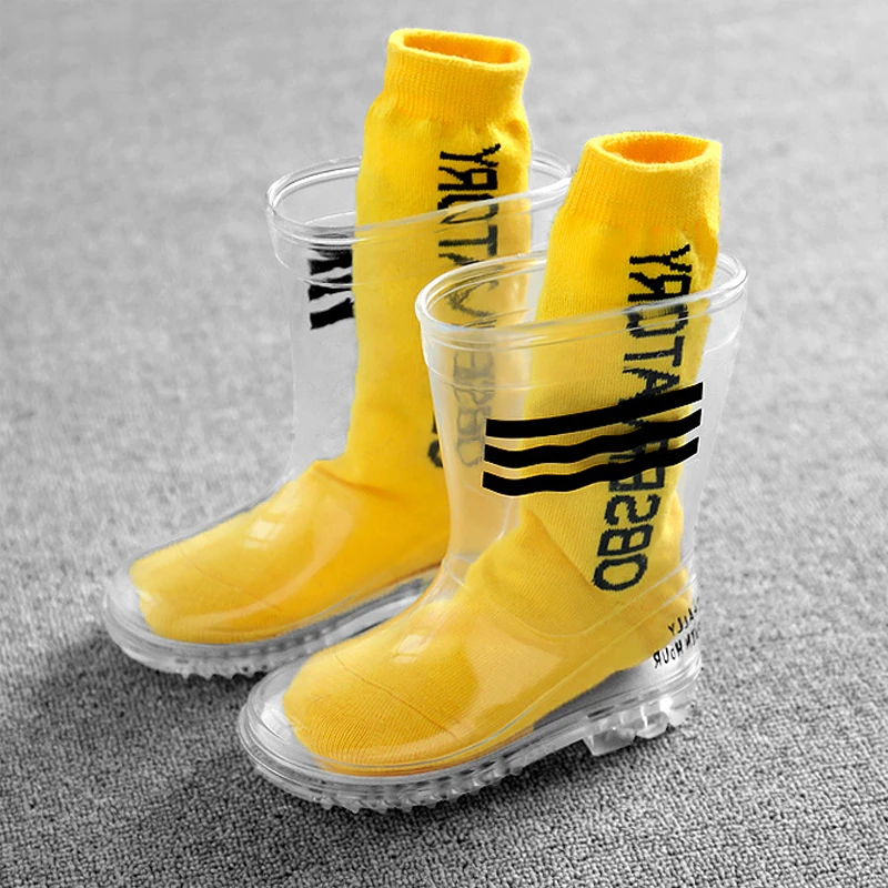 Transparent Rainboots Kid Shoes Outdoor Toddler Water Shoes Anti Slip Ankle Boots Fashion Children Rain Boots With Socks 23-36