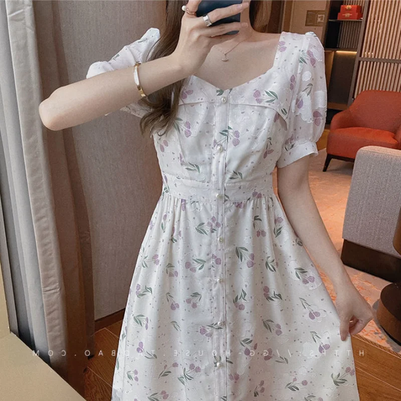 

Французская старинная фея платье женское элегантное платье с принтом квадратный воротник миди платье повседневное короткое приталенное п...