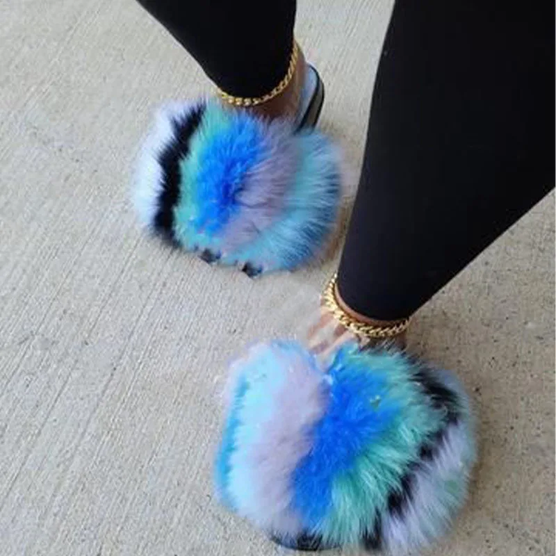 2021 Women New Multicolor Fuzzy Slippers Fashion Fuzzy Slides EVA Soft and Fluffy Fur Sandals Ladies Summer Flip Flops Fourrure