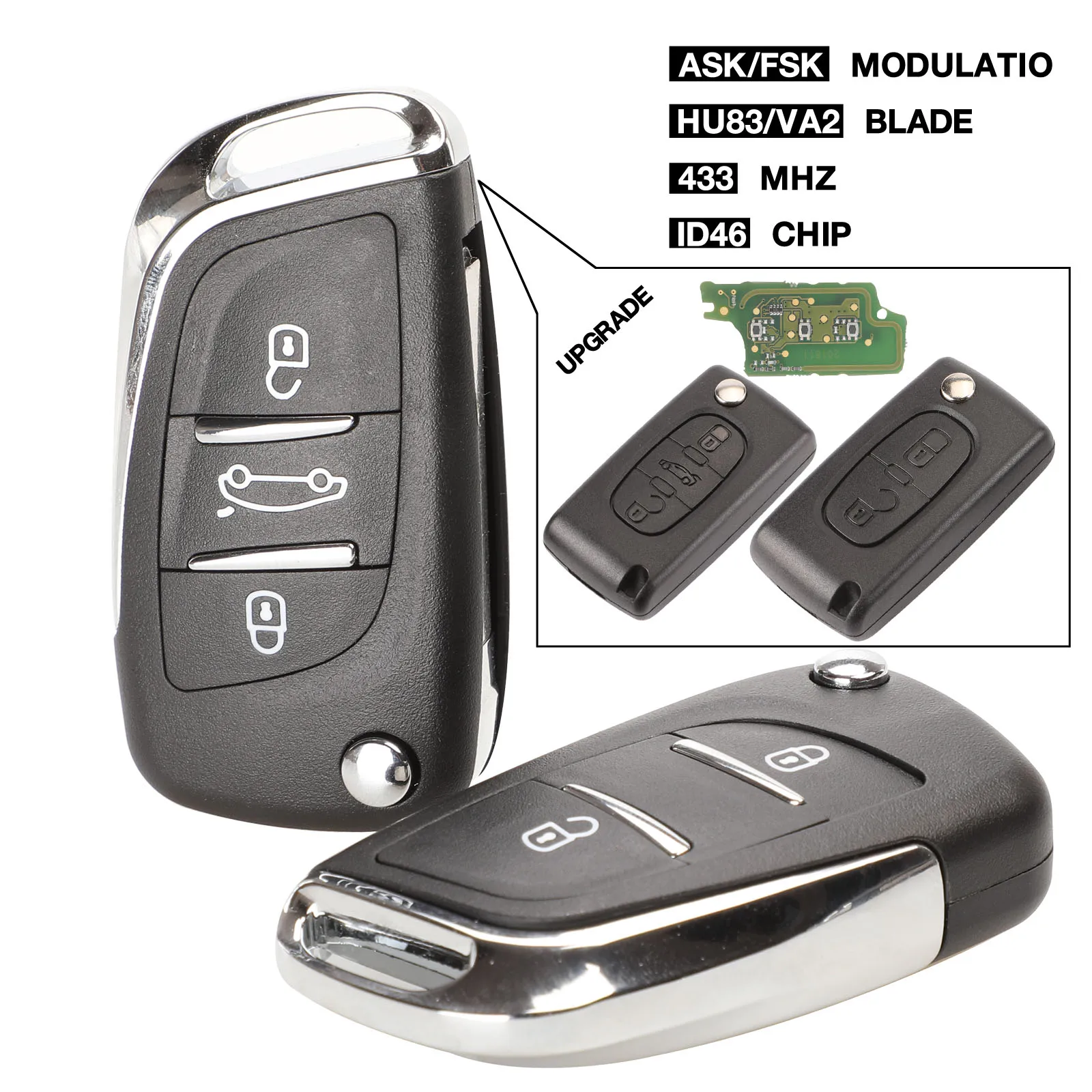 jingyuqin ASK/FSK 433MHz ID46 Chip CE0523 Modified Flip Remote Key Fob for Peugeot 307 407 607 HU83/ VA2 Blade 2 3 Button Key