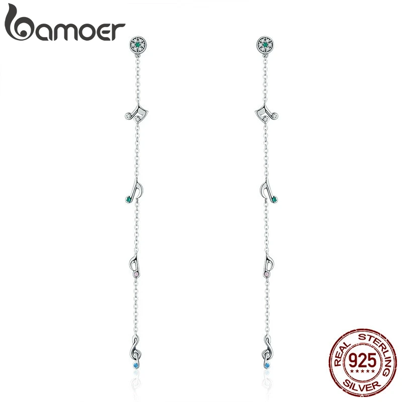 

Женские длинные висячие серьги BAMOER, из серебра 100% пробы, с покачивающимися нотами, ювелирные изделия, SCE202