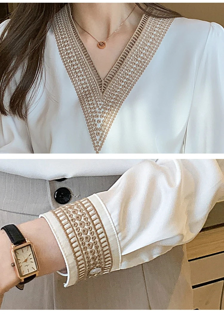 

Long Sleeve White Blouse Tops Blouse Women Blusas Mujer De Moda 2021 Embroidery V-Neck Chiffon Blouse Shirt Women Blouses E226