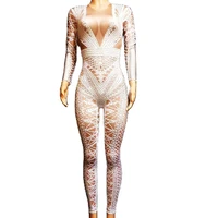 long sleeve women pole dancing white skinny jumpsuits stage wear nightclub party performance costumes stretch leotard jumpsuit