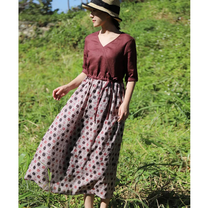 

Literature and art cotton women's new summer ramie dress women's splicing waist swing skirt ny343