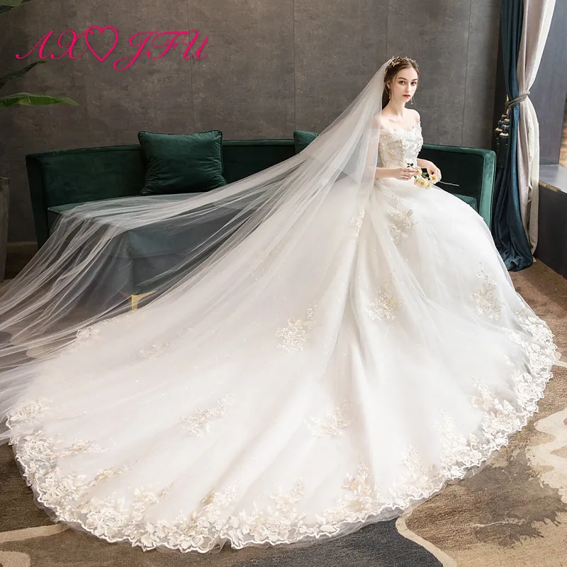 

AXJFU princess flower white lace bride wedding dress vintage boat neck beading crystal illusion bride white wedding dress