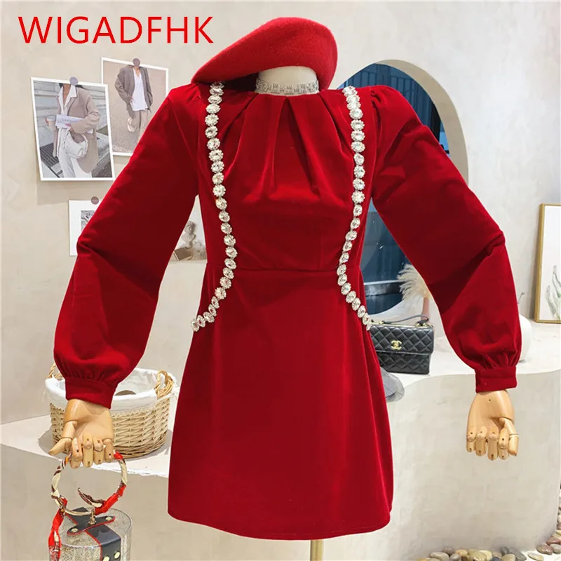 

2022 Spring/Autumn New Women's Retro Puff Sleeve Velvet Diamond-studded Luxury High Waist Slim Party Short Skirt Vestidos