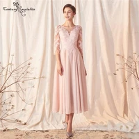 pink short mother of bride dresses with sleeves tea length lace appliques chiffon simple formal evening dress prom gowns